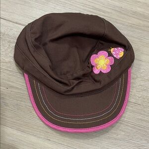 Kids Brown Cap with Pink and Yellow Floral Accents